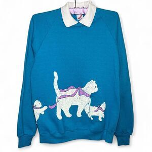 Vintage 90s Kitty Cat Kittens Granny Wrap Around Collared Sweatshirt Large
